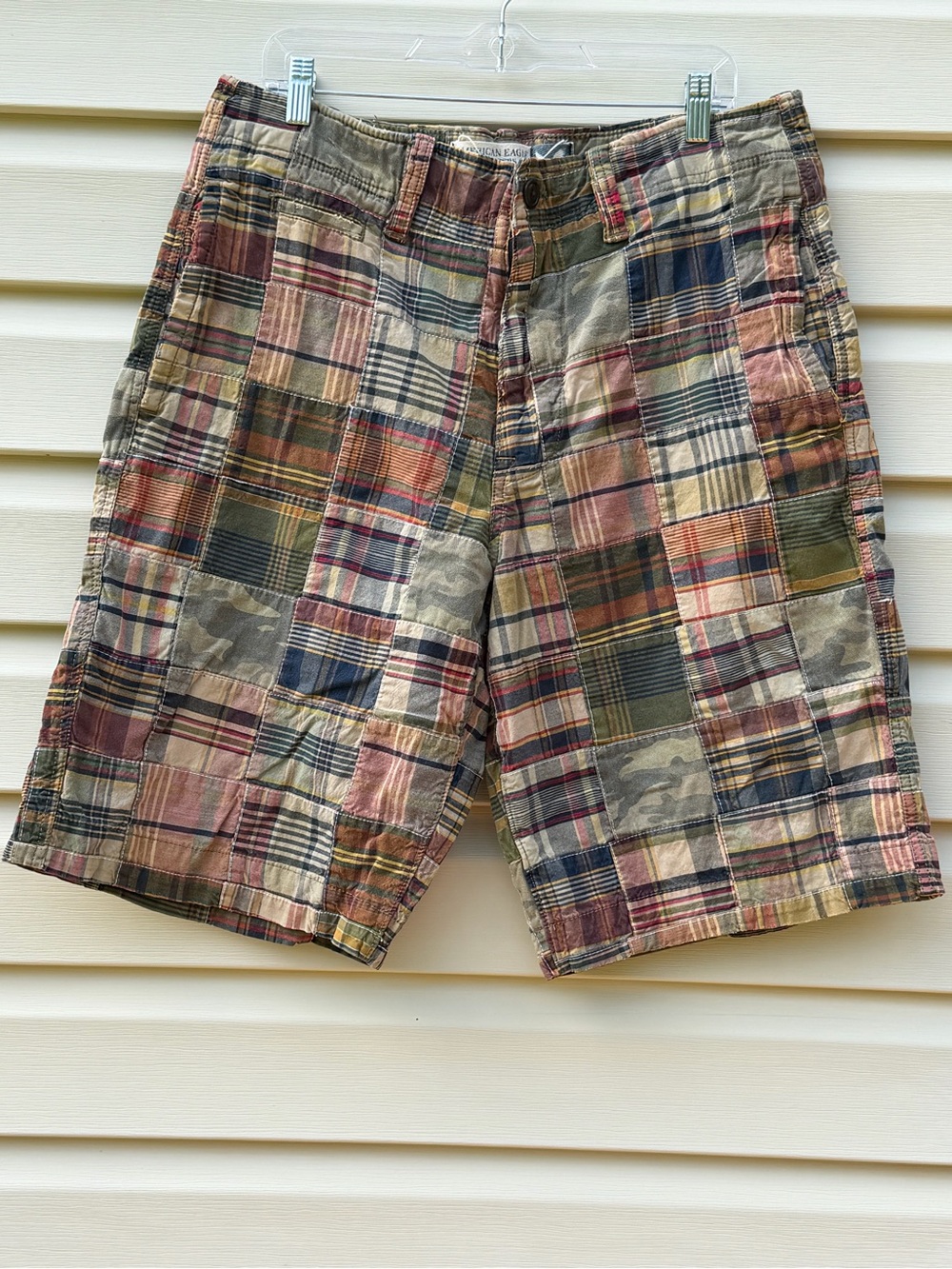 American Eagle Patchwork Madras Shorts Men’s 34 Cotton Plaid Longer Length - Picture 2 of 13